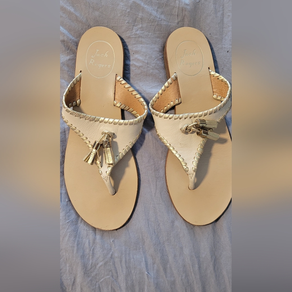 Jack Rogers Gold & Cream Flat Slides Sandals Sz 7